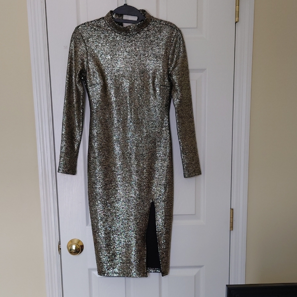 Topshop Shimmering Silver Long Sleeve Dress